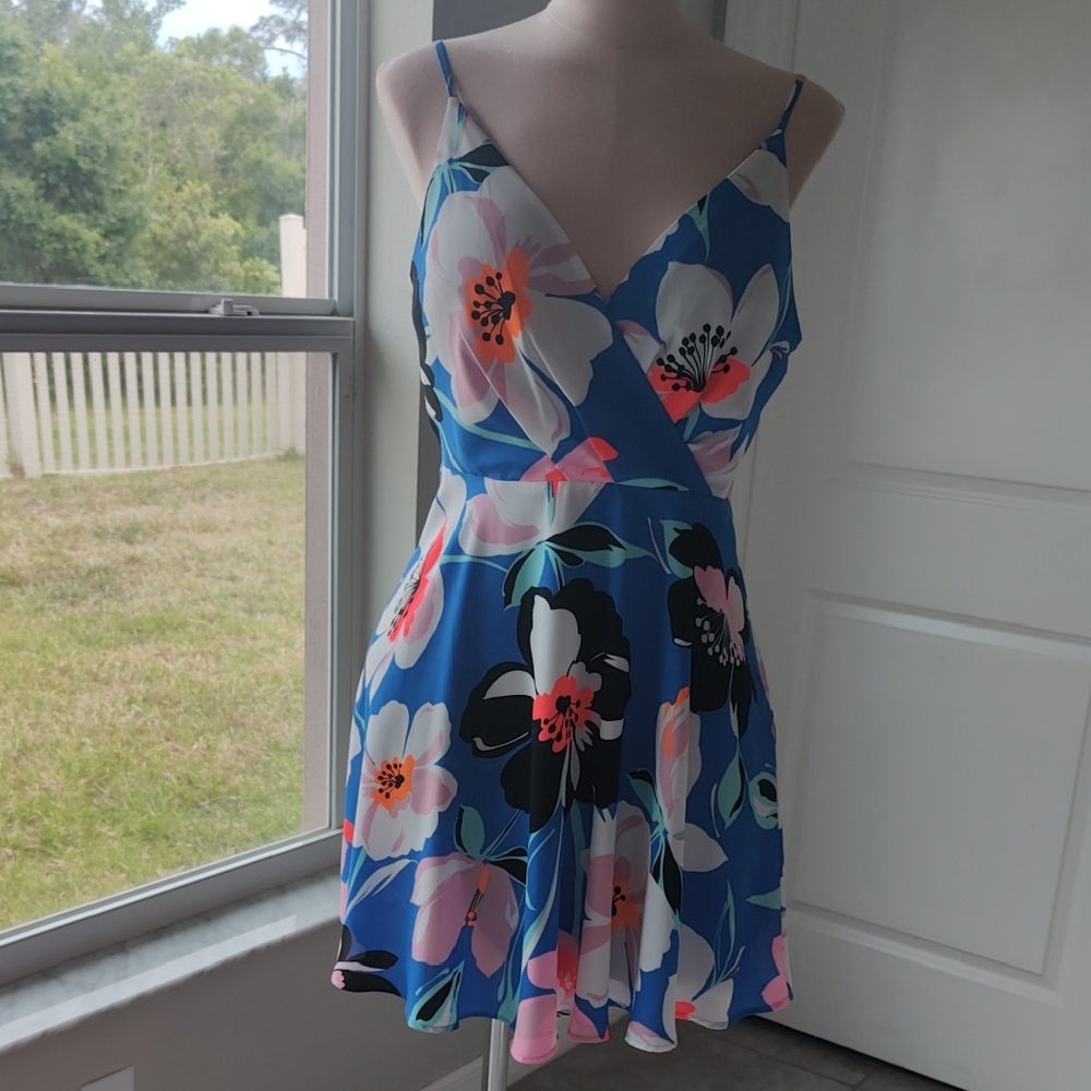 Express Blue Floral Wrap-Front Kids One-Piece with Pink & White Flowers